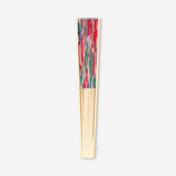 Foldable bamboo fan with abstract floral textile design by Flying Tiger Copenhagen, featuring colorful flower patterns on lightweight fabric.