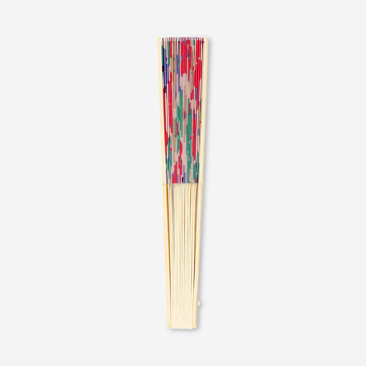 Foldable bamboo fan with abstract floral textile design by Flying Tiger Copenhagen, featuring colorful flower patterns on lightweight fabric.