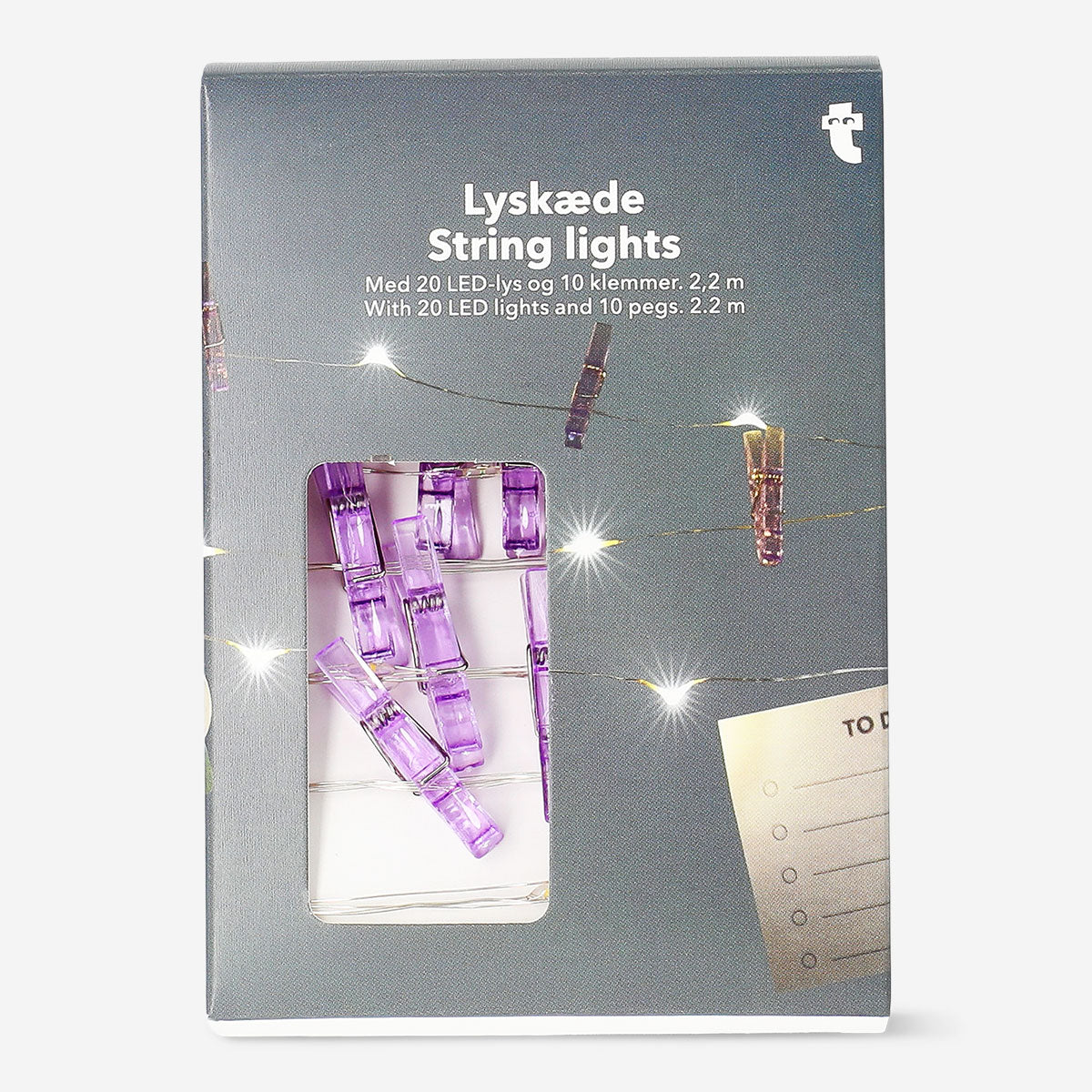 Purple string lights with clips from Flying Tiger Copenhagen, ideal for home decor and cozy lighting.