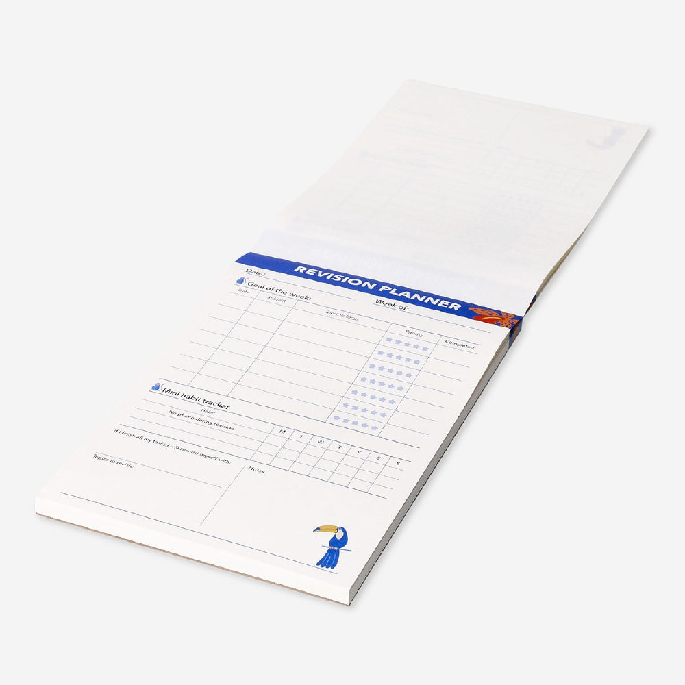 Flying Tiger Copenhagen revision planner pad with colorful pages for organizing tasks and study schedules in an office setting.