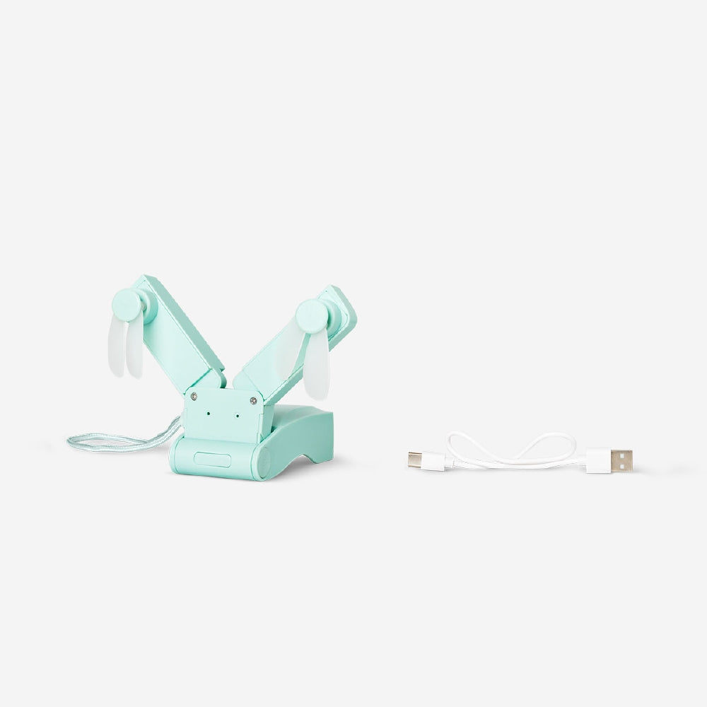 Mint-colored Flying Tiger Copenhagen 2-in-1 foldable gadget fan with three adjustable settings, compact and portable.