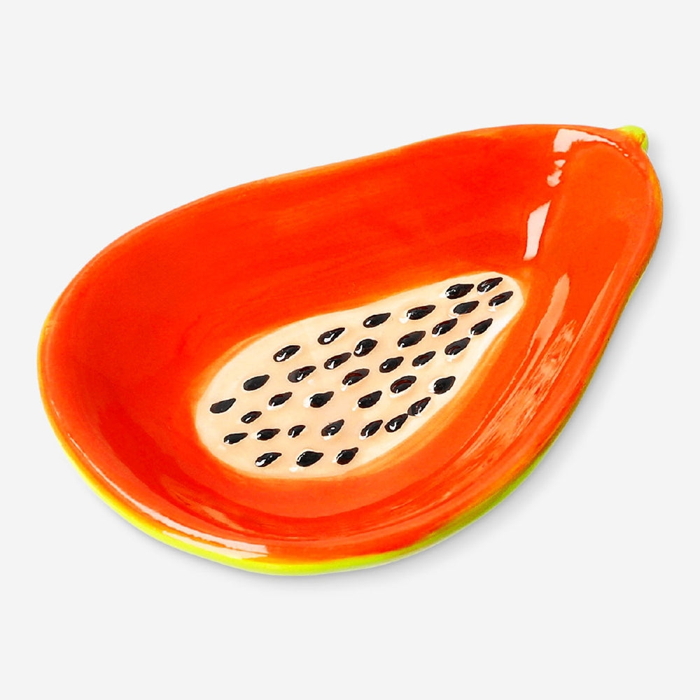Flying Tiger Copenhagen papaya ceramic dish, 11 cm, round home decor plate with colorful fruit design on white ceramic surface.