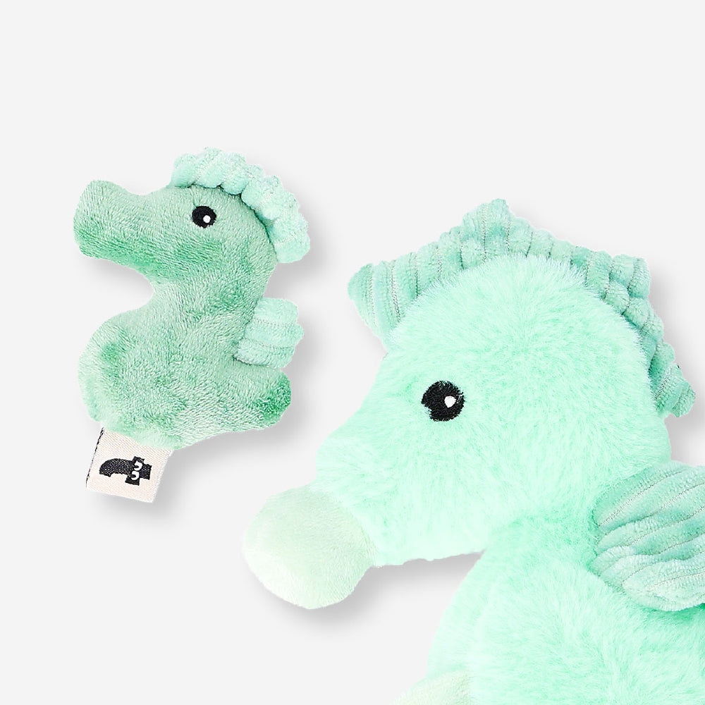 Flying Tiger Copenhagen plush seahorse toy with a small fry, soft and colorful marine animal for children.