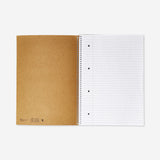 A4 spiral-bound lined notebook with a craft paper cover from Flying Tiger Copenhagen, open showing lined pages inside.