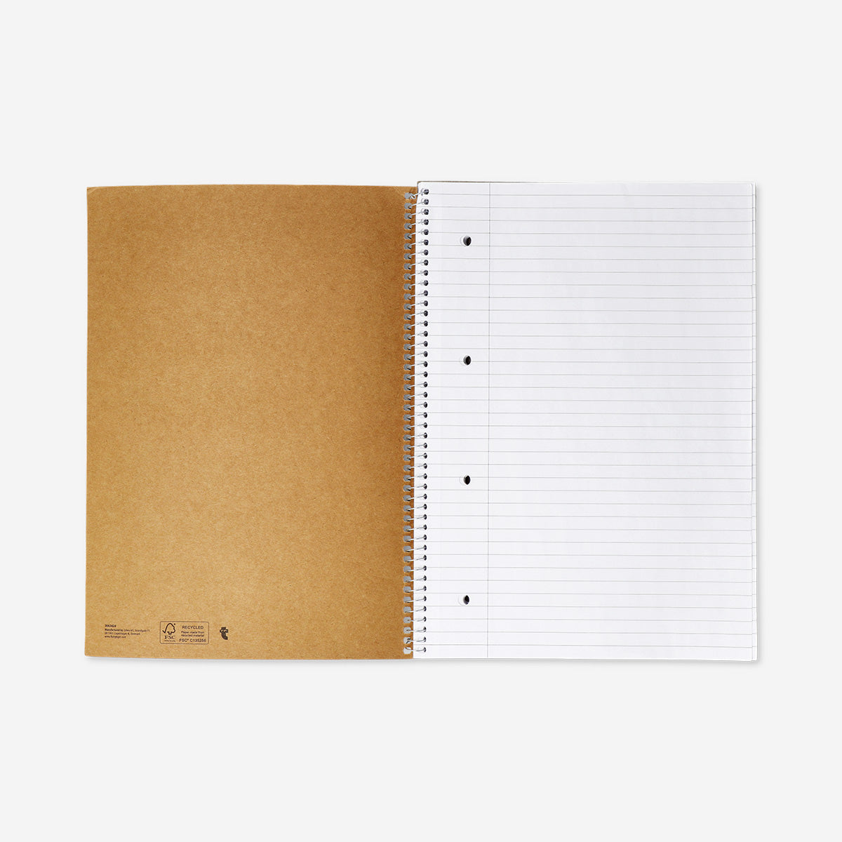 A4 spiral-bound lined notebook with a craft paper cover from Flying Tiger Copenhagen, open showing lined pages inside.