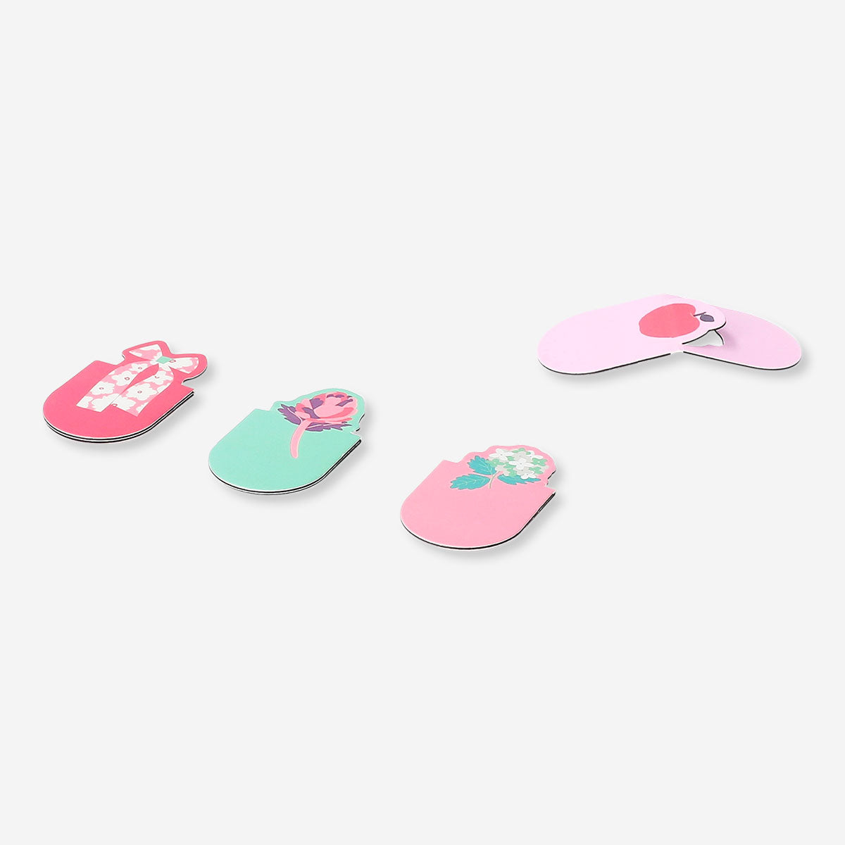 Set of four floral magnetic bookmarks from Flying Tiger Copenhagen, colorful and decorative for office or reading use.