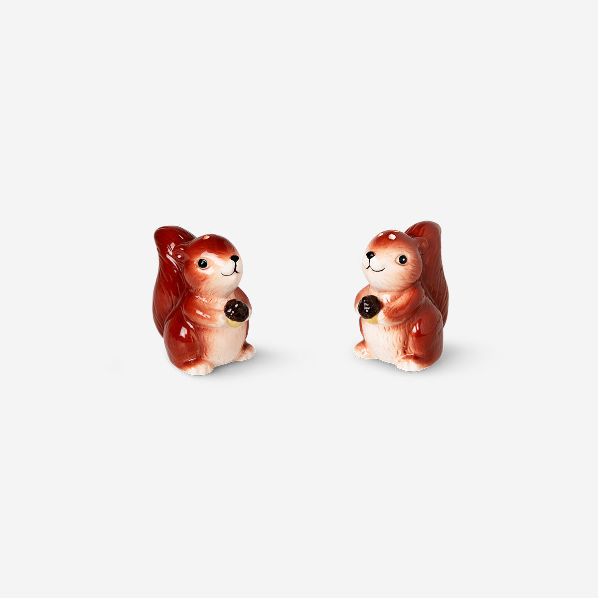 Flying Tiger Copenhagen squirrel salt and pepper set, 2-piece kitchen condiment shakers with cute squirrel design on ceramic.