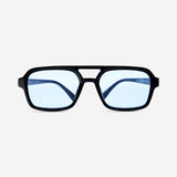 Black aviator sunglasses with blue glass