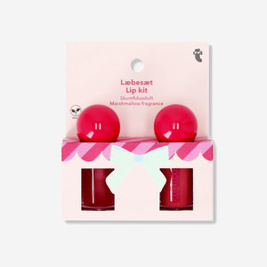 Flying Tiger Copenhagen lip kit with marshmallow fragrance, featuring lip balm and gloss in a sleek personal care set.