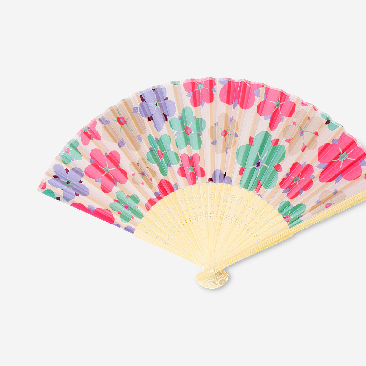 Foldable bamboo fan with abstract floral textile design by Flying Tiger Copenhagen, showing intricate flower patterns and natural bamboo frame.