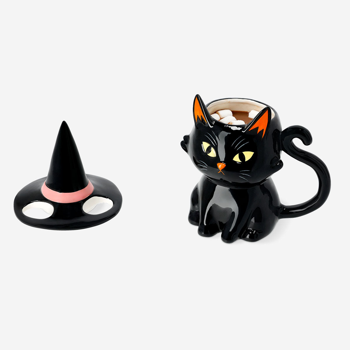 Black ceramic mug featuring a witch hat and cat design, 340 ml, ideal for Halloween or spooky-themed kitchen decor.