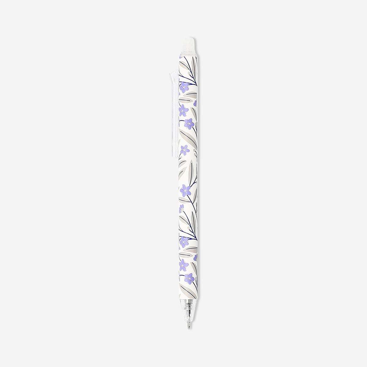 Flying Tiger Copenhagen erasable purple gel ink pen with floral purple flower design for office use, shown on a white background.