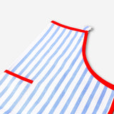 Blue striped adult kitchen apron by Flying Tiger Copenhagen, showing adjustable neck strap and front pocket for cooking.