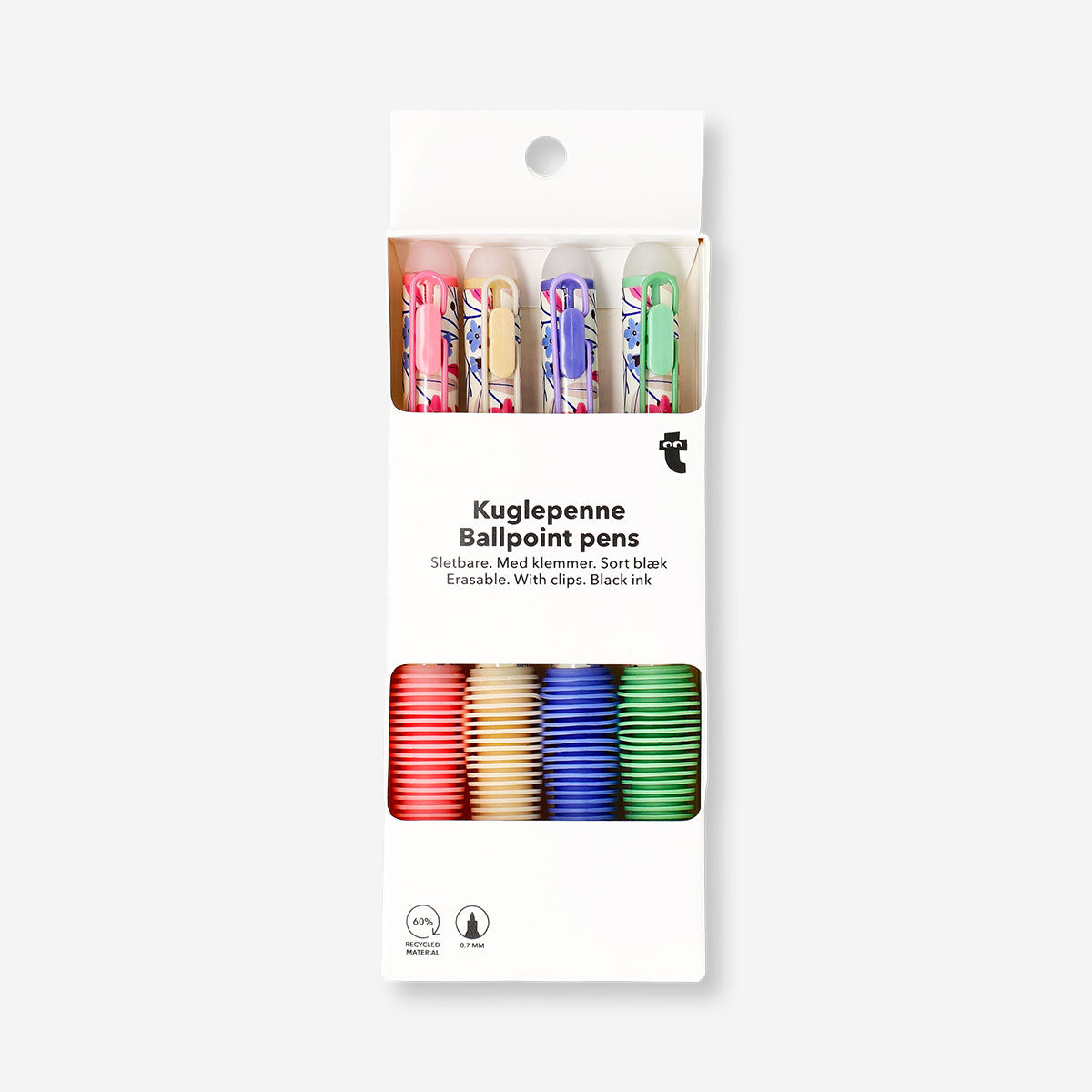 Set of 4 erasable ballpoint pens with floral design and clips from Flying Tiger Copenhagen, perfect for office use.