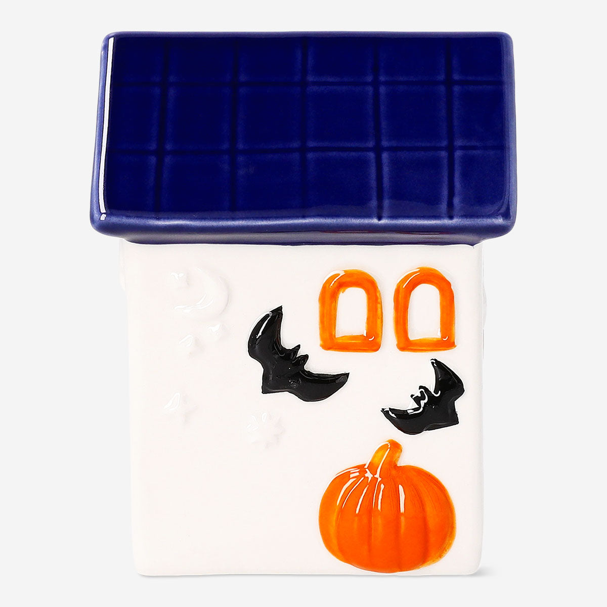 Decorative ceramic Halloween house by Flying Tiger Copenhagen, 13 cm tall, with spooky design and detailed windows.