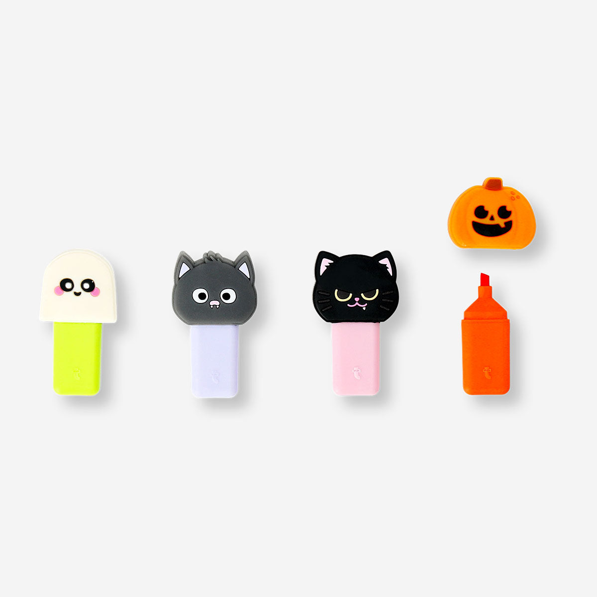 Set of four Halloween-themed highlighters for office use, featuring spooky designs by Flying Tiger Copenhagen.