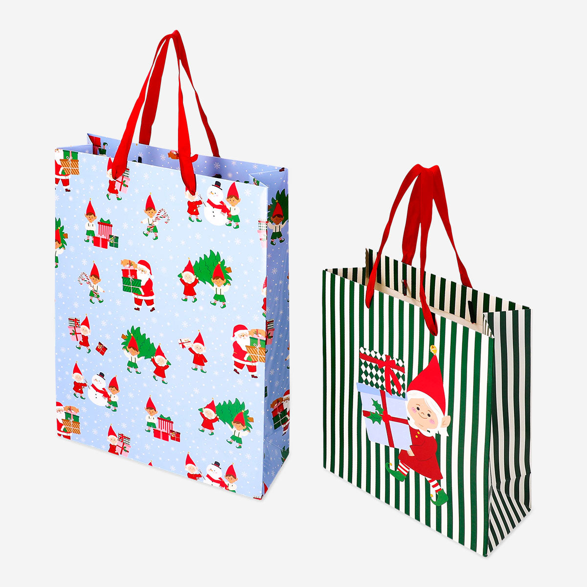 Two Flying Tiger Copenhagen elf print gift bags for office gifts, featuring festive elf designs on sturdy paper.