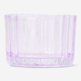 Purple glass tealight holder for home decor, featuring a smooth round design and transparent purple finish.