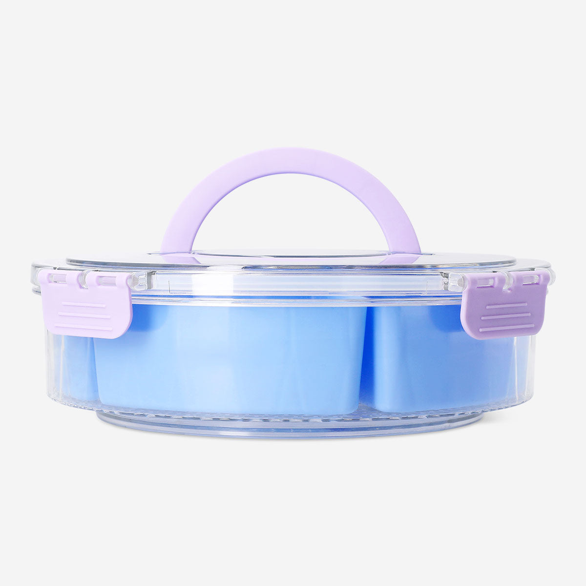 Blue rotating snack box with lid from Flying Tiger Copenhagen, kitchen storage container with a turntable design.