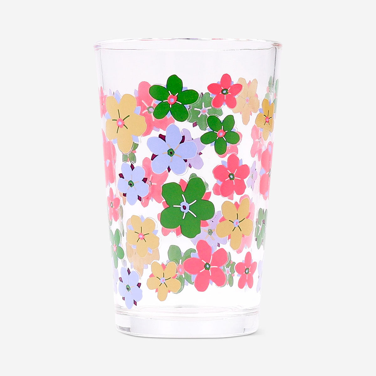 Flying Tiger Copenhagen 220 ml glass with colorful flower design, perfect for kitchen use and everyday drinking.
