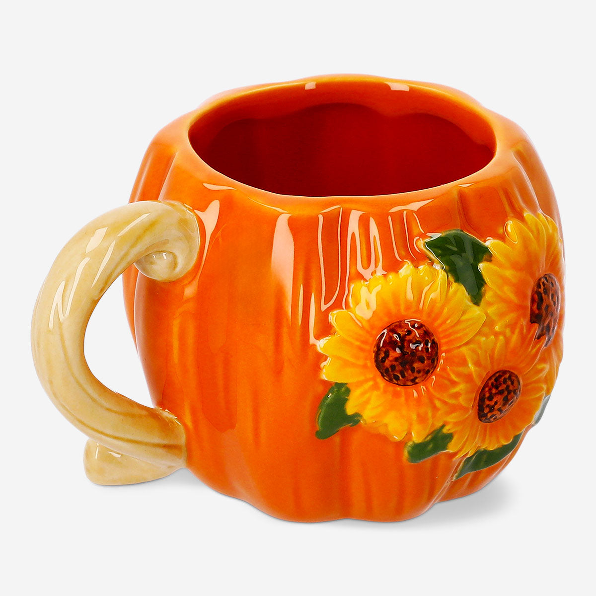 Blue ceramic mug with embossed sunflower design, 300 ml capacity, from Flying Tiger Copenhagen kitchen collection.