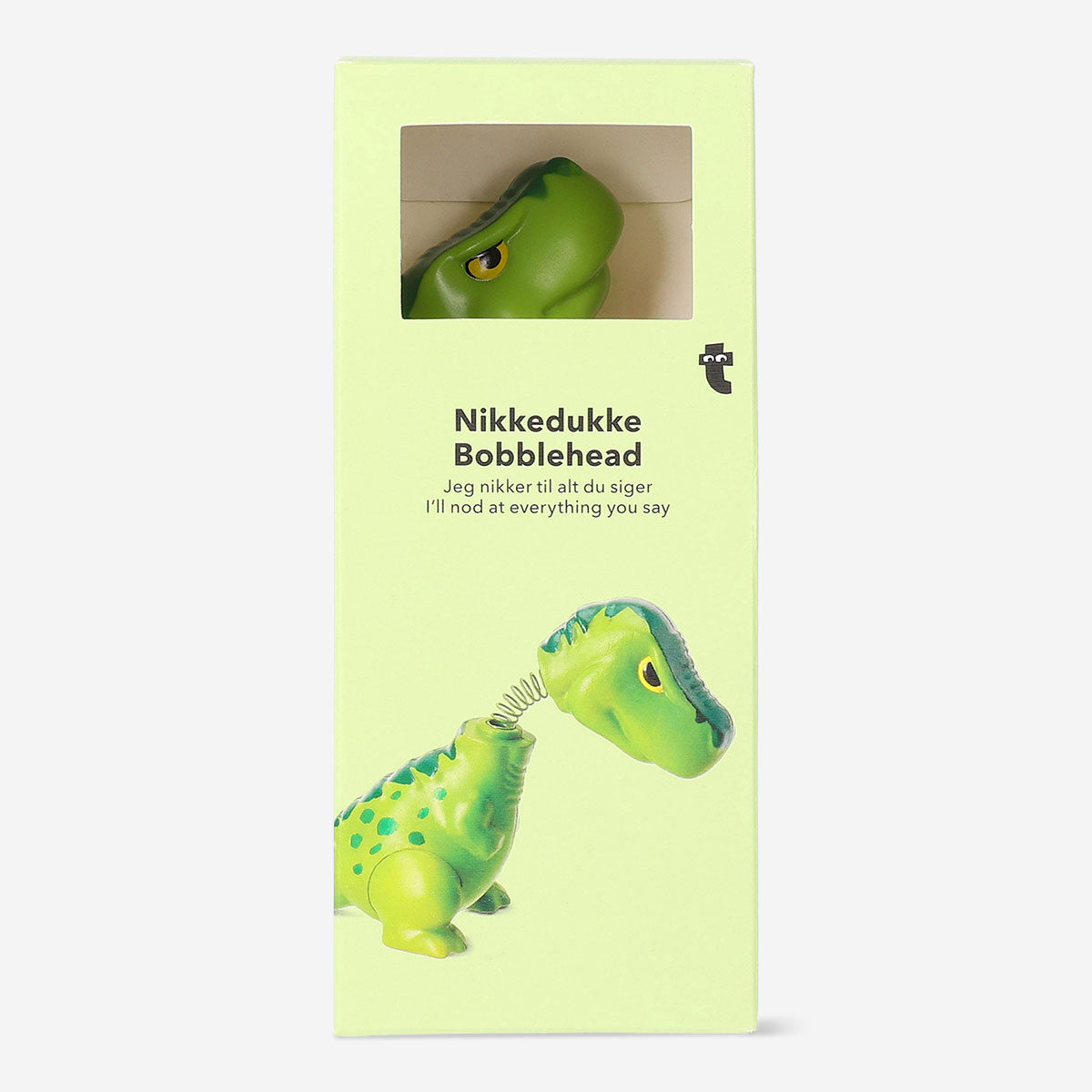 Flying Tiger Copenhagen T-Rex dinosaur bobblehead toy with detailed features and vibrant colors.