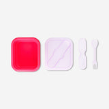 Red collapsible lunchbox with spork from Flying Tiger Copenhagen, 600 ml capacity, made of durable kitchen material, foldable for easy storage.