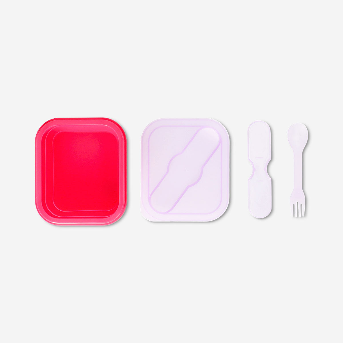 Red collapsible lunchbox with spork from Flying Tiger Copenhagen, 600 ml capacity, made of durable kitchen material, foldable for easy storage.