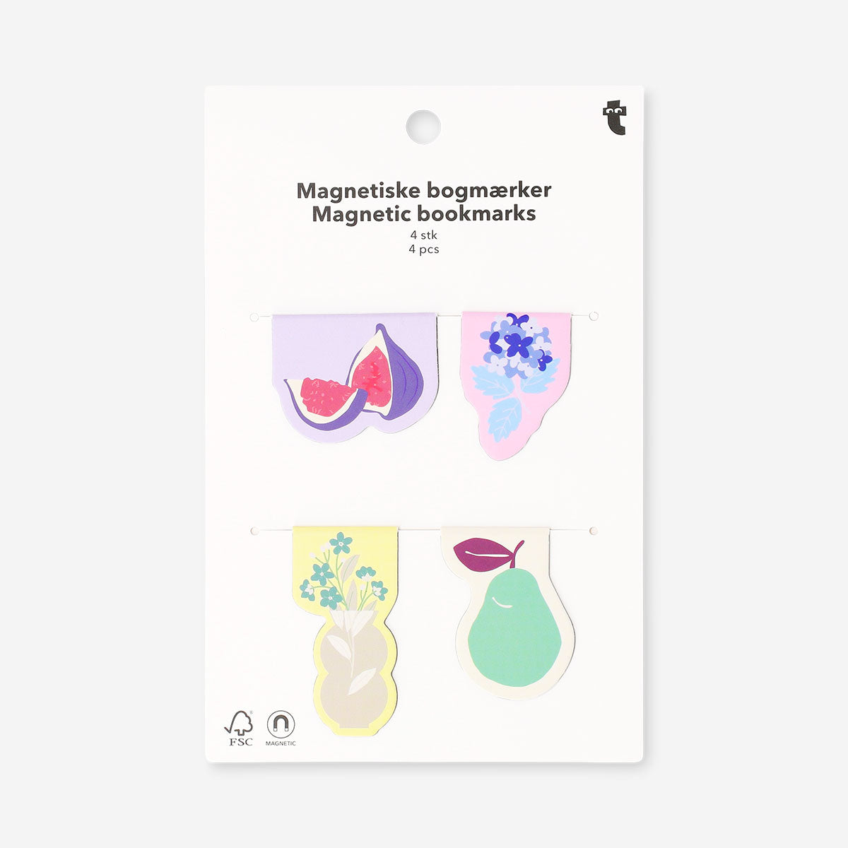 Set of four Flying Tiger Copenhagen magnetic bookmarks featuring colorful summer motifs for office or reading use.