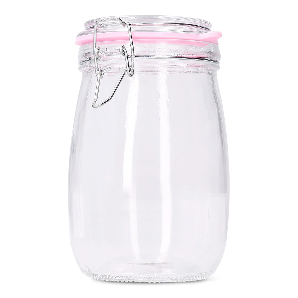 Glass jar with pink rim, 17 cm tall, used for kitchen storage, by Flying Tiger Copenhagen. Transparent with a colorful pink accent.