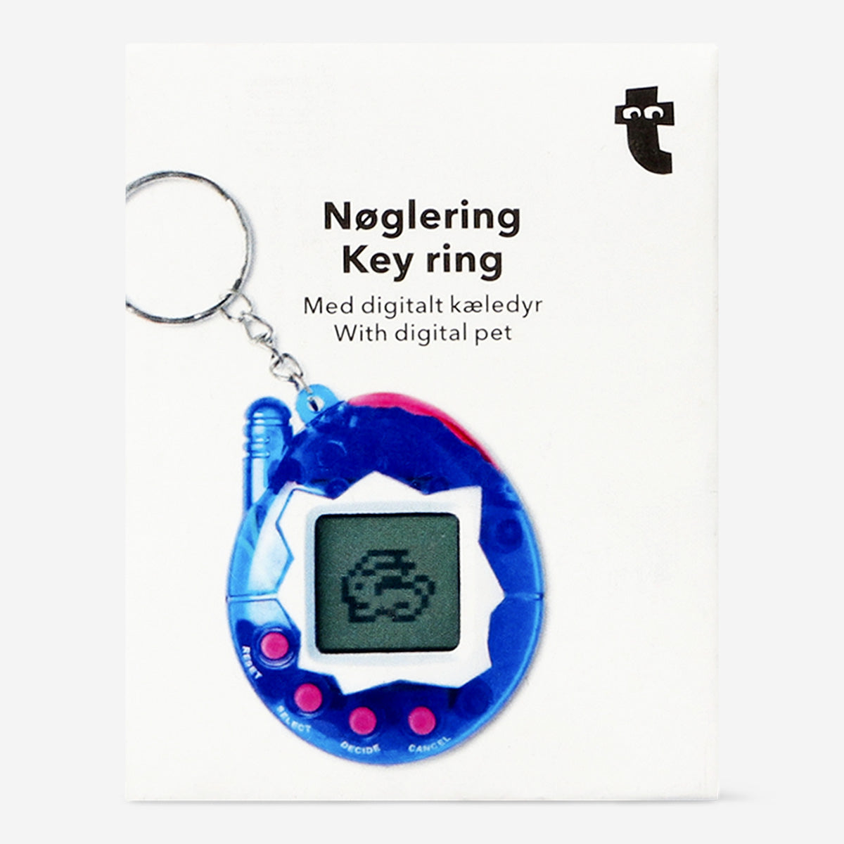 Blue digital pet key ring gadget by Flying Tiger Copenhagen featuring a small, colorful electronic pet for keys.