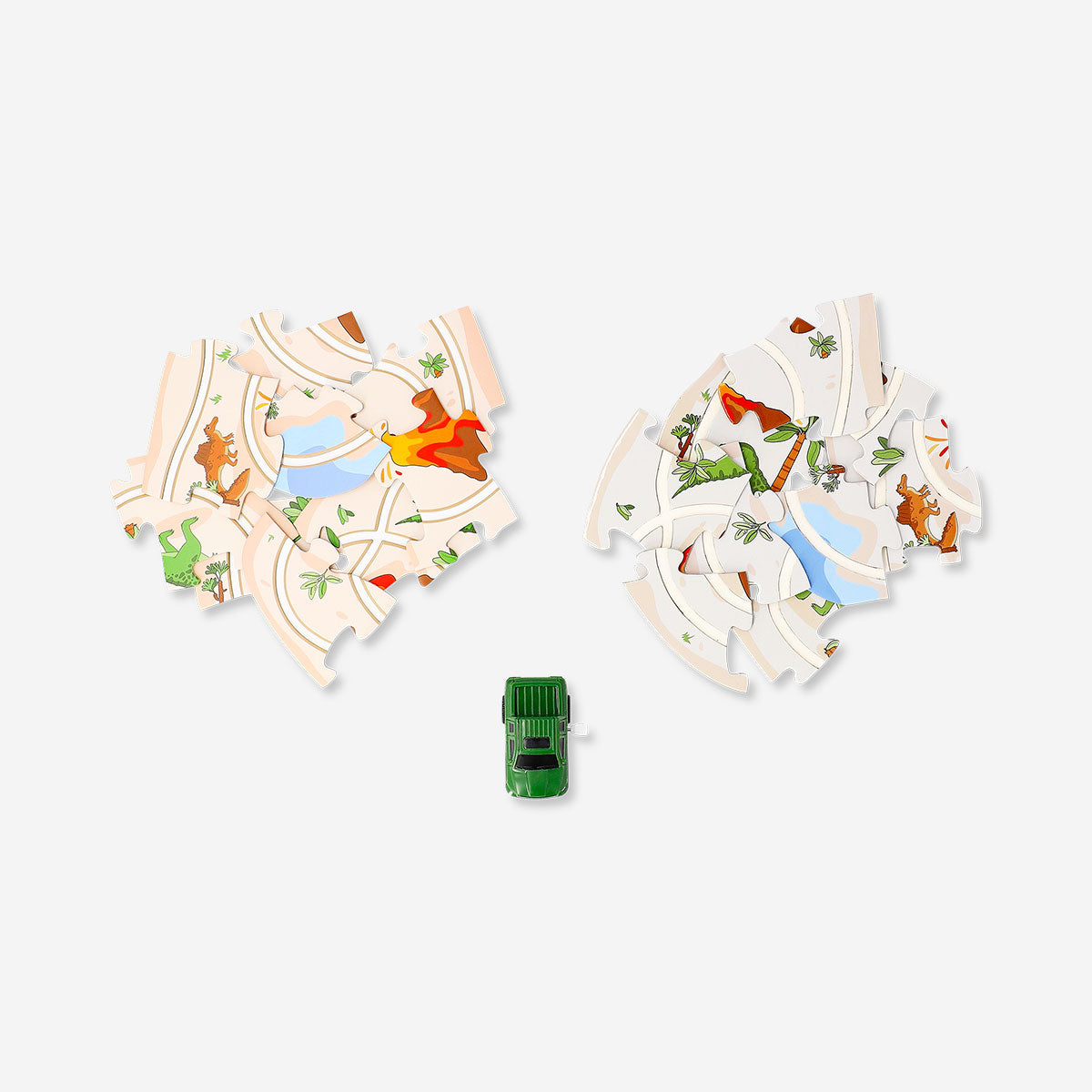 Flying Tiger Copenhagen toy road puzzle with a wind-up car, featuring colorful roads and a small red wind-up vehicle.