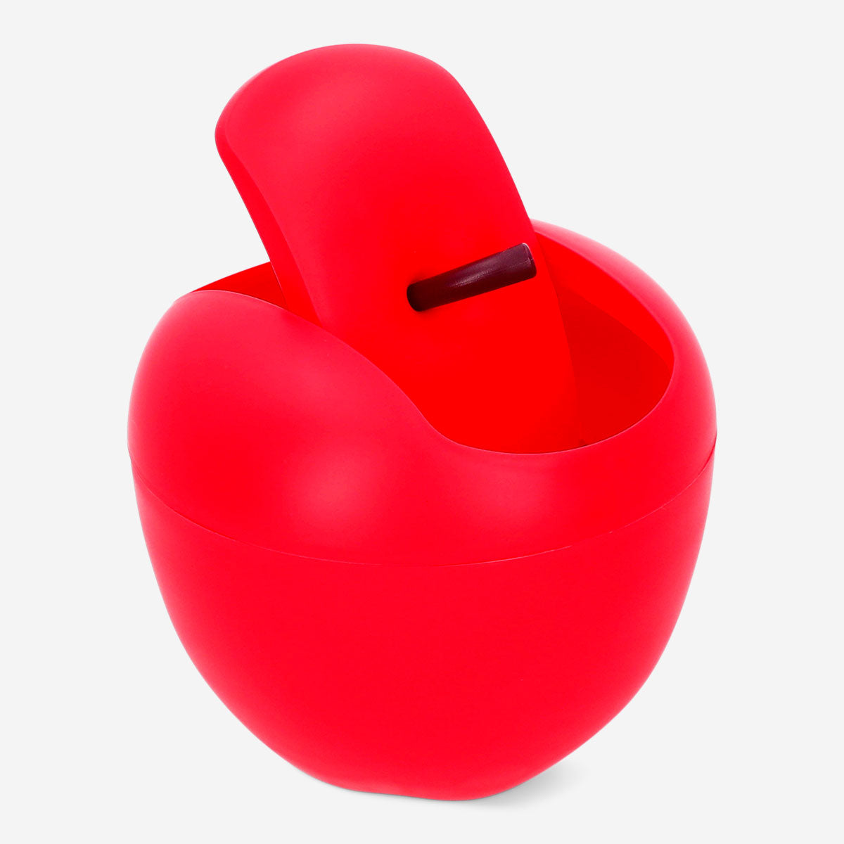 Red apple-shaped office push bin by Flying Tiger Copenhagen, featuring a playful fruit design and a compact waste disposal container.