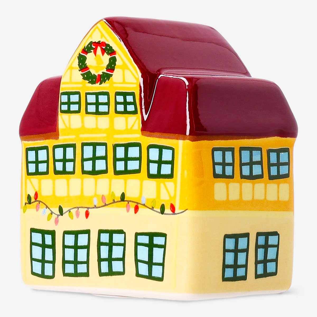 Decorative yellow house with string lights, 9 cm, from Flying Tiger Copenhagen, ideal for home decor and cozy lighting accents.