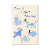 Office birthday card featuring playful cats, designed by Flying Tiger Copenhagen, with colorful cat illustrations on the front.