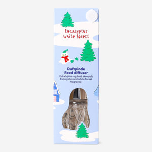 Flying Tiger Copenhagen reed diffuser with eucalyptus and white forest scent in a 40ml glass bottle, suitable for home fragrance.