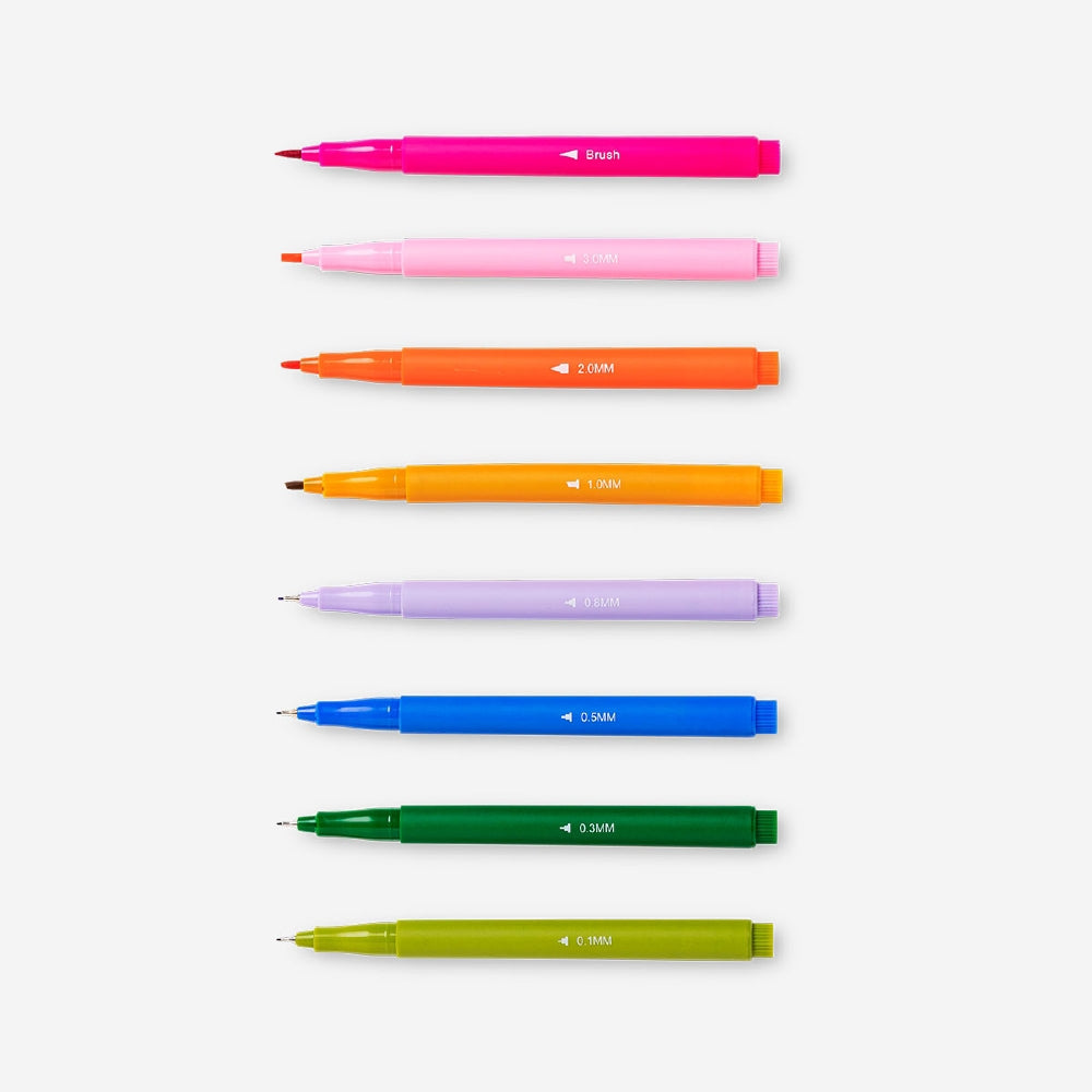 Set of 8 Flying Tiger Copenhagen drawing pens in a metal tin box, ideal for office or art projects.