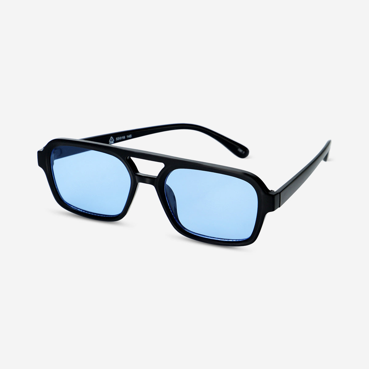Black aviator sunglasses with blue glass