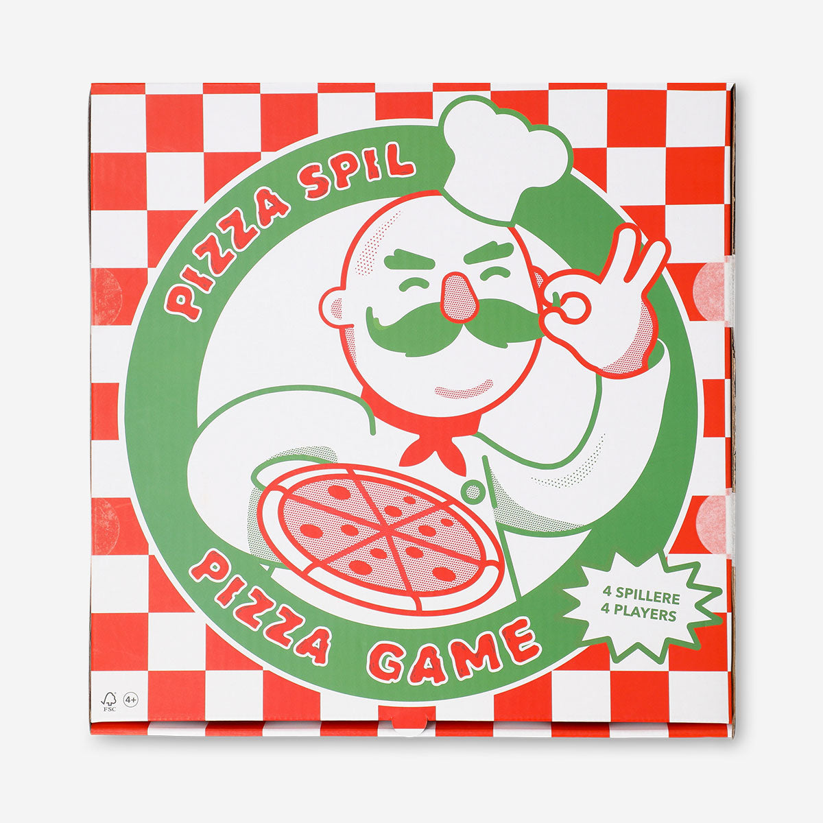 Flying Tiger Copenhagen pizza game for four players, featuring colorful game components and pizza-themed playing pieces.