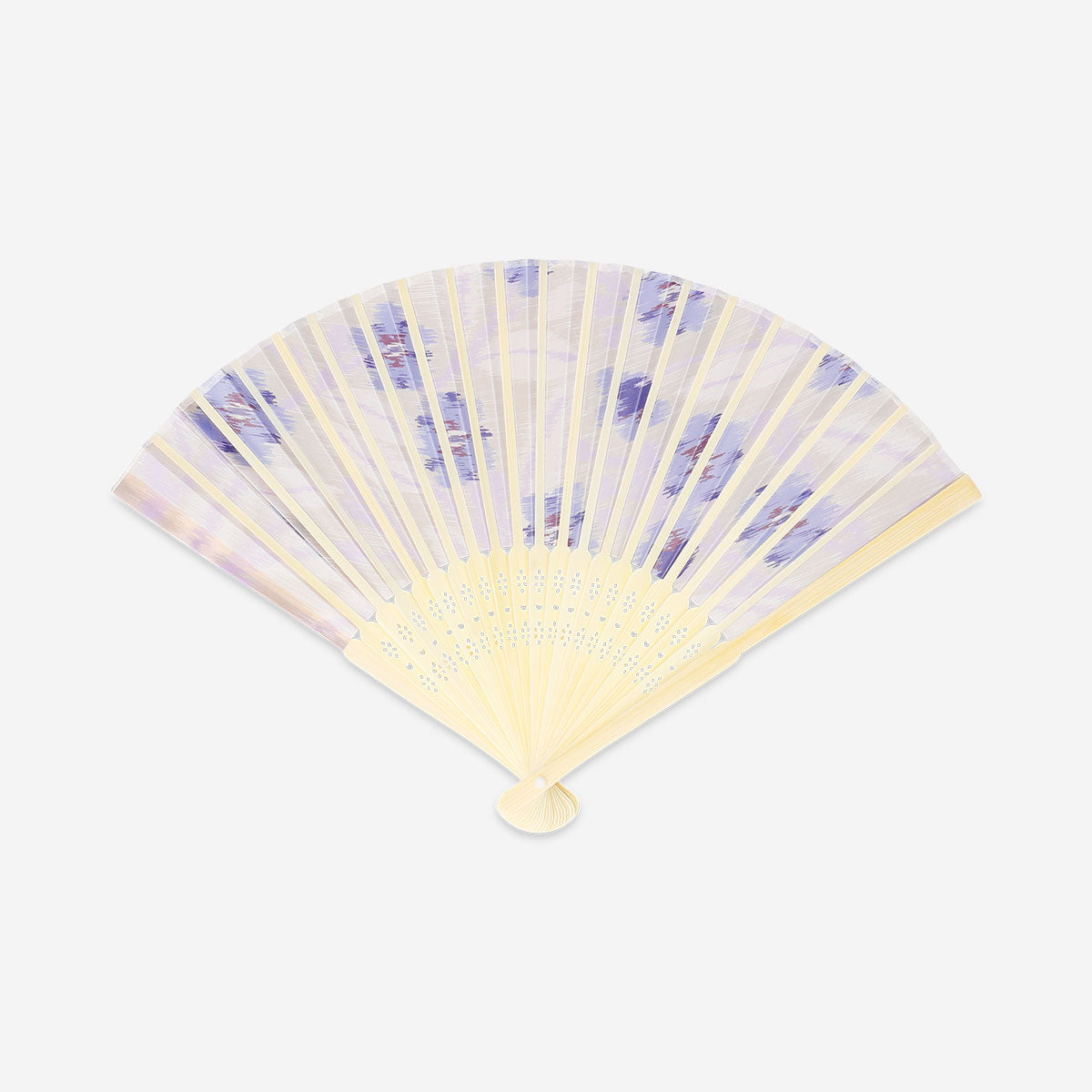 Foldable bamboo fan with abstract purple textile design, lightweight and portable accessory by Flying Tiger Copenhagen.
