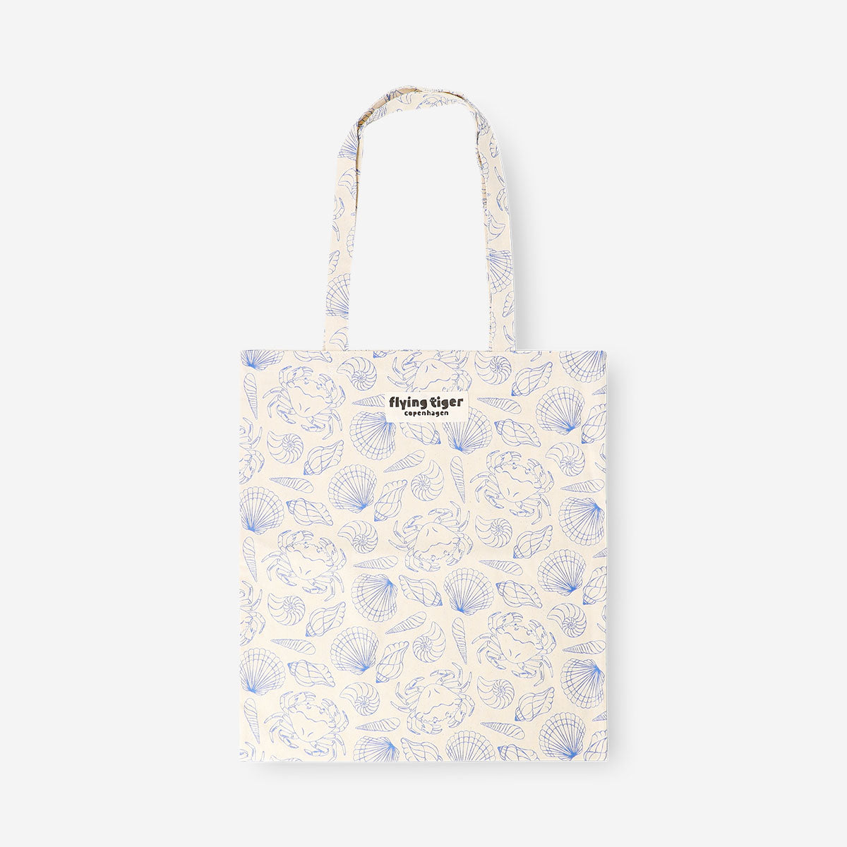 Coastal-themed Flying Tiger Copenhagen textile tote bag with seaside print and sturdy handles, perfect for everyday use.