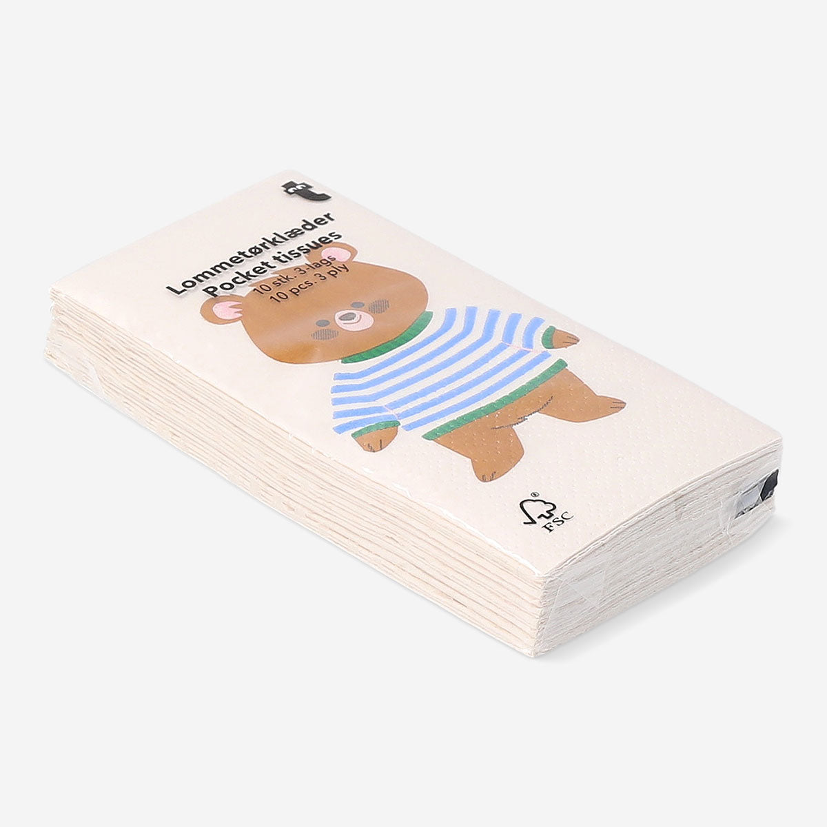 Box of Flying Tiger Copenhagen pocket tissues with a cute teddy bear design, containing 10 personal care tissues.