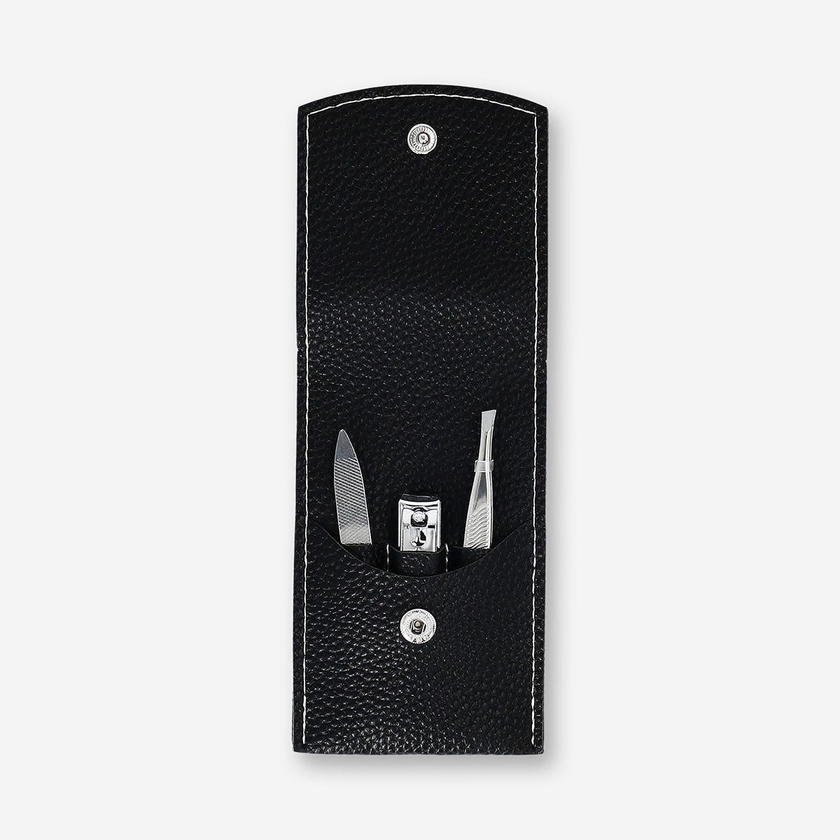 Black manicure and pedicure set in a compact pouch from Flying Tiger Copenhagen, with nail tools and personal care accessories.