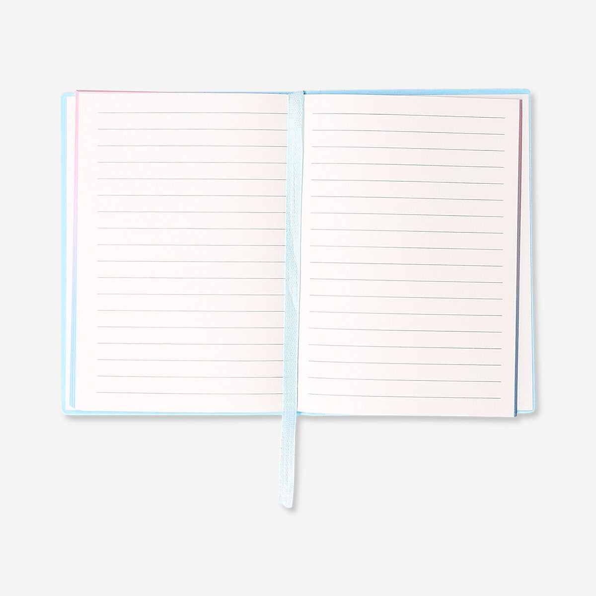 A6 office notebook with colorful rainbow-edged pages by Flying Tiger Copenhagen, open to show lined pages inside.