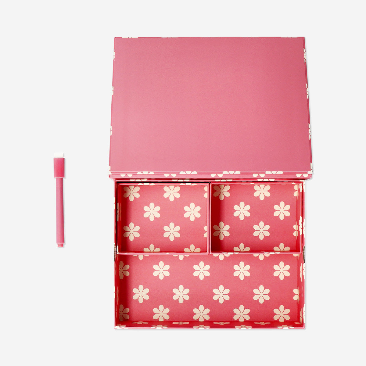 Pink floral desk tidy with planner board and marker