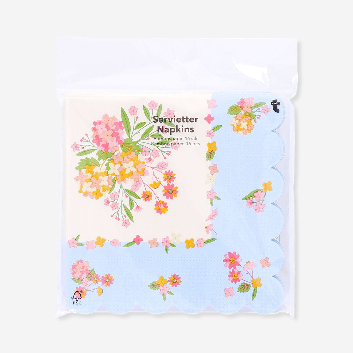 Flying Tiger Copenhagen floral napkins with scalloped edges, 16-piece party set, featuring colorful flower patterns and elegant design.