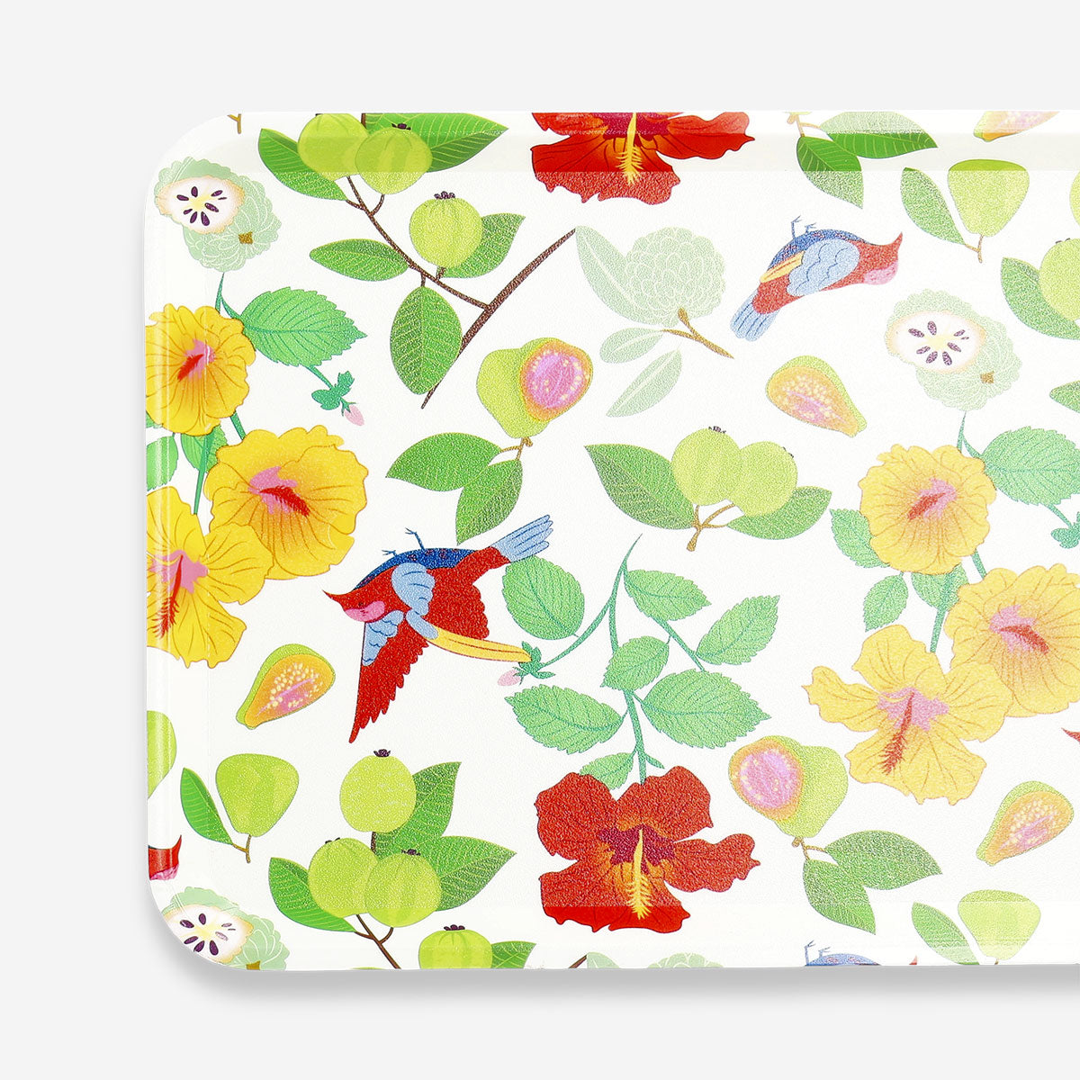 Decorative home tray with vibrant tropical print by Flying Tiger Copenhagen, showcasing a colorful, patterned tray for stylish decor.
