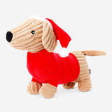 Flying Tiger Copenhagen plush Christmas sausage dog toy, soft and cuddly holiday-themed stuffed animal for kids and collectors.