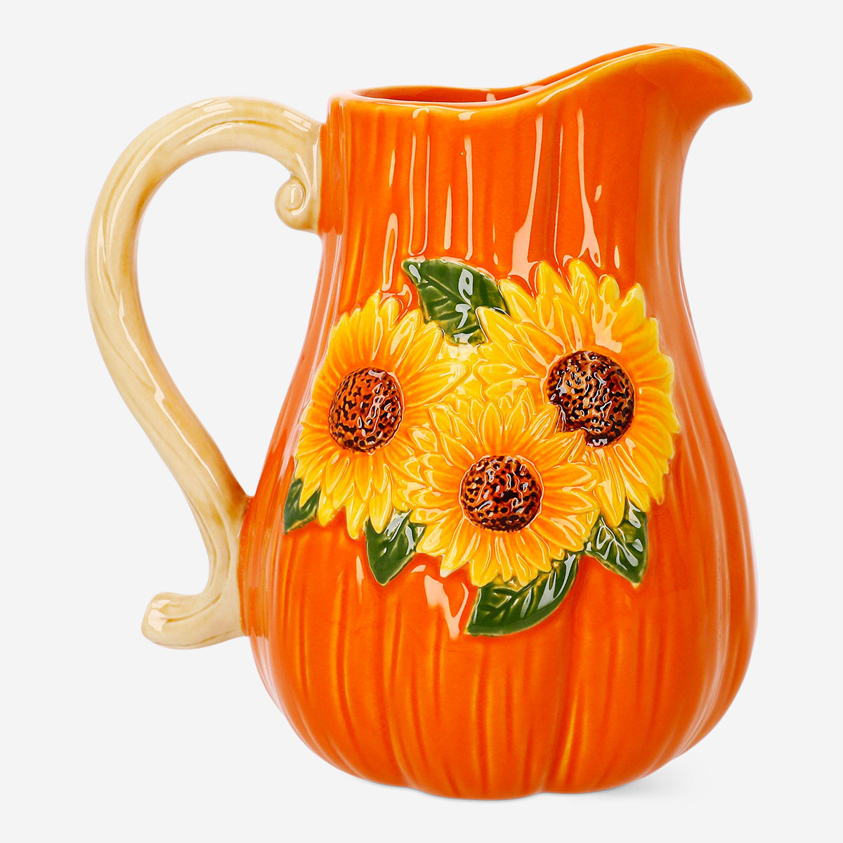 Ceramic kitchen jug with embossed sunflower design, 1.12L capacity, by Flying Tiger Copenhagen, featuring a white background and sunflowers.