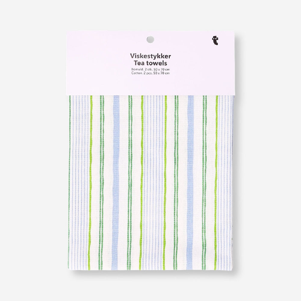 Set of two Flying Tiger Copenhagen check and stripe kitchen tea towels, soft and absorbent for dish drying and kitchen decor.